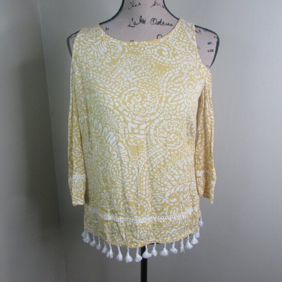 Chico's Blouse 0 Yellow Cold Shoulder 3/4 Sleeve - Picture 3 of 13